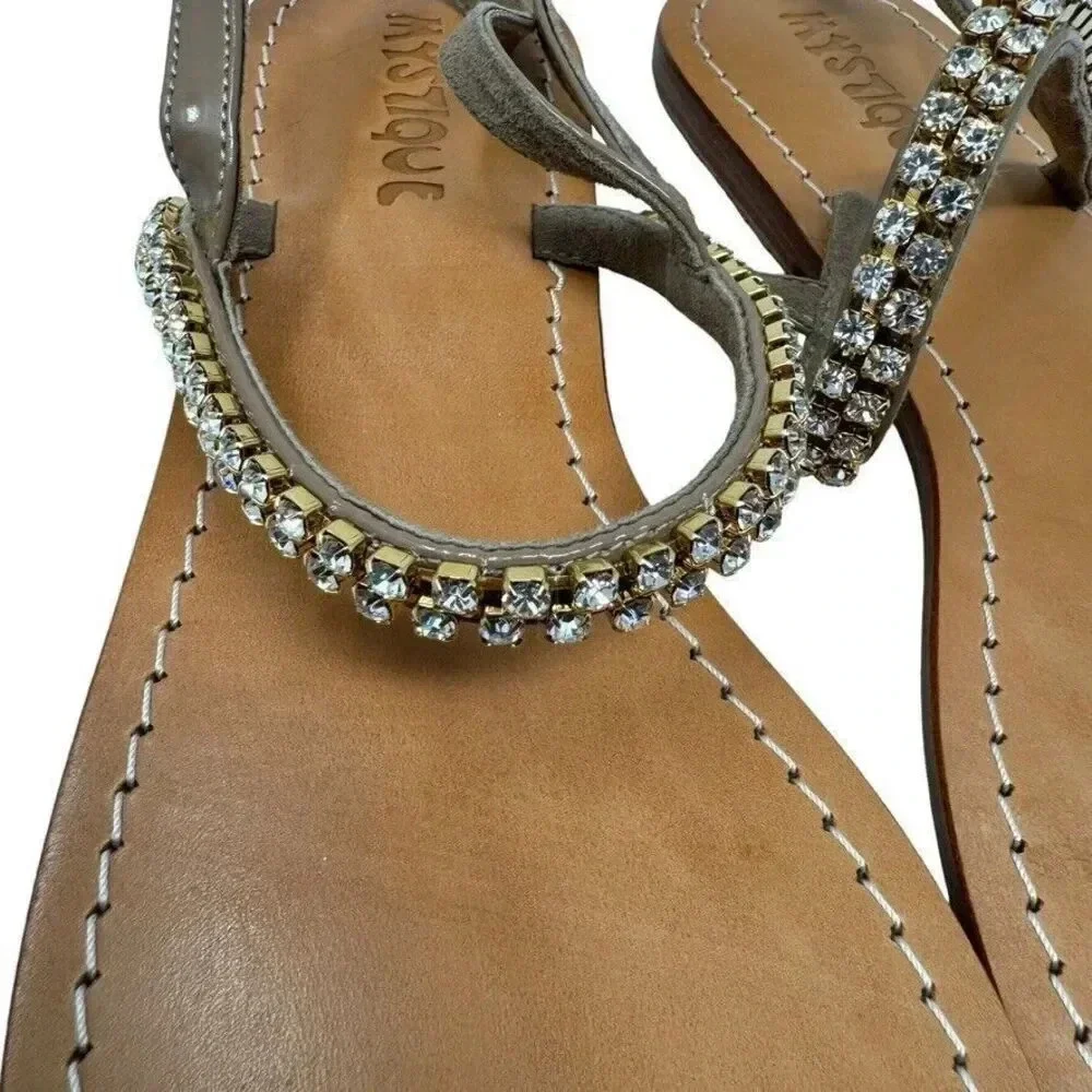 Mystique Rhinestone Toe Loop Sandals Size 10 mocha and gold toe ring thongs New